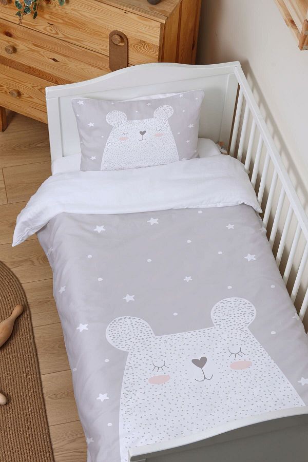 Tu ba Ku u Park Bed Crib Duvet Cover Set 80x120 Pure Baby Series White Bear with Gray Background Trendyol