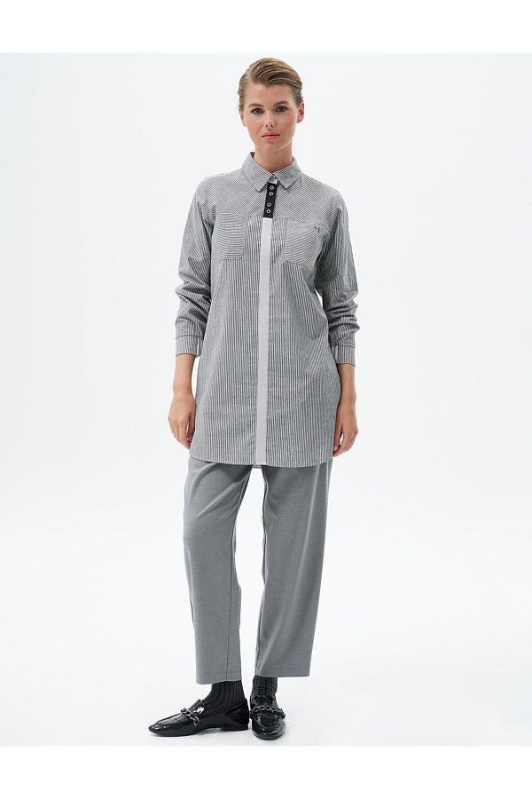 KYR-Elastic Gathered Ankles Line Pattern Tunic Black 1