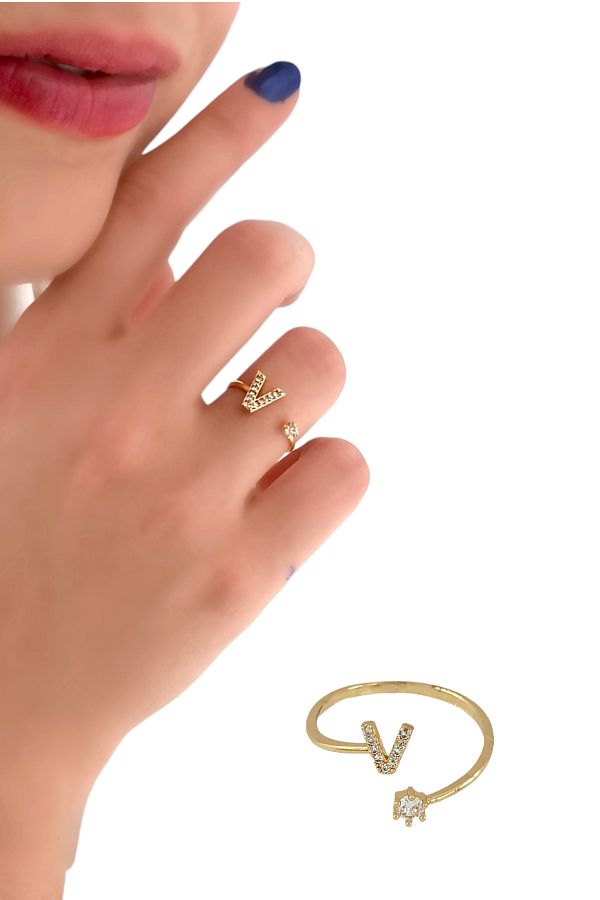 Clk Accessories Stoned V Letter Ring STONE Letter RingV Trendyol