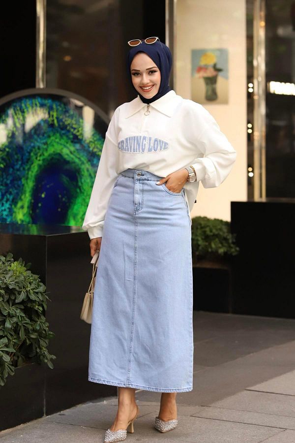 Modaensarbutik Hijab Sweatshirt and Denim Skirt Set ECRU Trendyol
