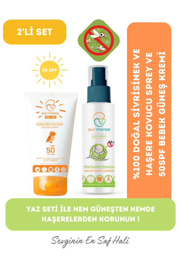 Pur Monde 2'li Yazlık Set %100 Doğal Sivrisinek Ve Haşere Kovucu Sprey Ve 50 Spf Bebek ,çocuk Güneş Kremi