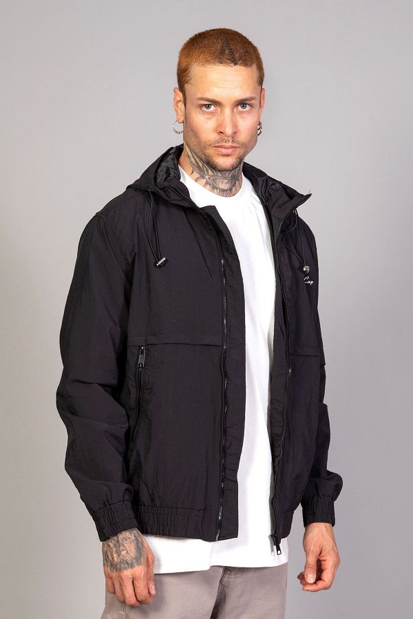 Little Cup Men s Black Hooded Crinkle Lightweight Spring Jacket Trendyol