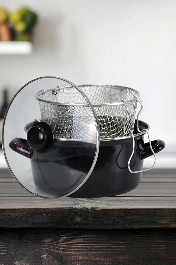 PR HOME-Emaye Cam Kapaklı Kızartma Tenceresi 24 Cm Siyah 1