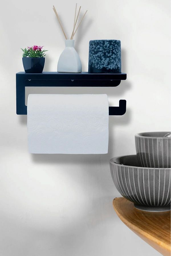 TASAGRAM Black Matte Decorative Metal Towel Holder with Shelf and Paper Holder Trendyol