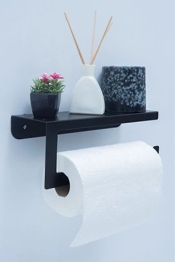 TASAGRAM Black Matte Decorative Metal Towel Holder with Shelf and Paper Holder Trendyol