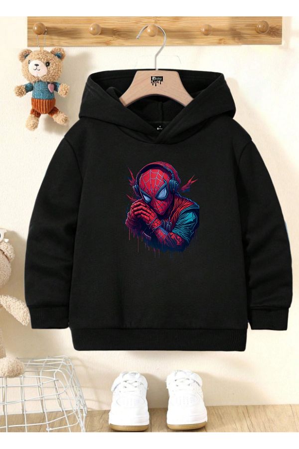 FML MODA TASARIM DİKİŞ-Daisy Kids Cotton Special Design Spiderman Printed Black Kids Sweatshirt 1
