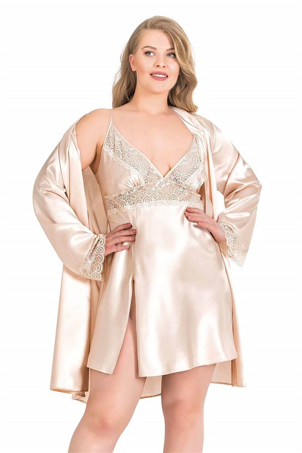 AHU Plus Size Ivory Short Double Satin Dressing Gown Nightgown Set 6154 Trendyol