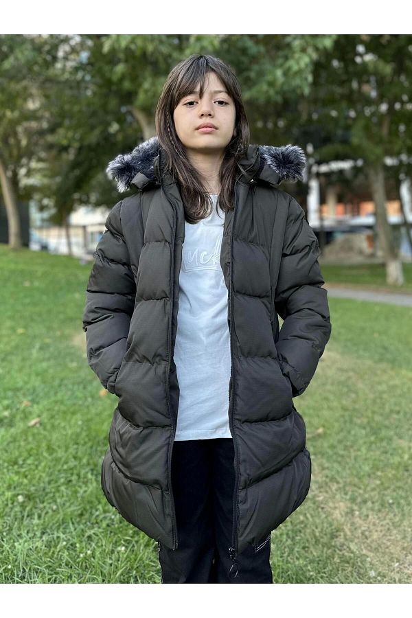 Khaki puffer jacket with faux fur hood store
