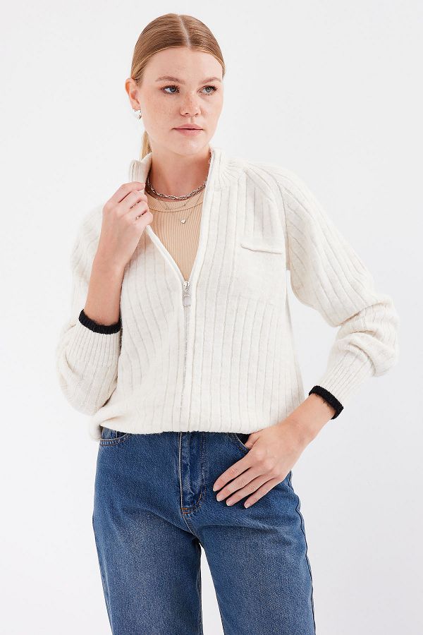 Bigdart-15863 Strickjacke mit Reißverschluss - Ecru 1