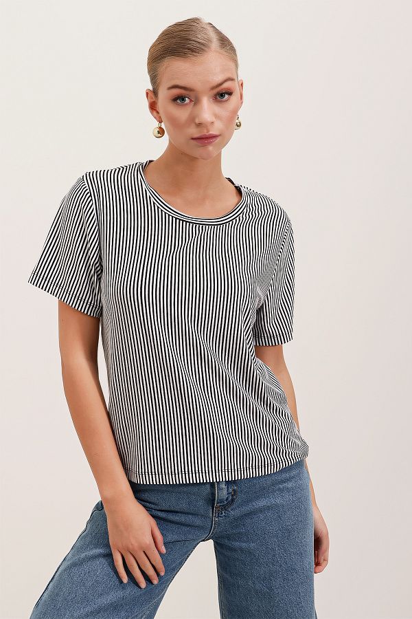 Bigdart-4313 Ριγέ Basic T-Shirt - Μαύρο 1