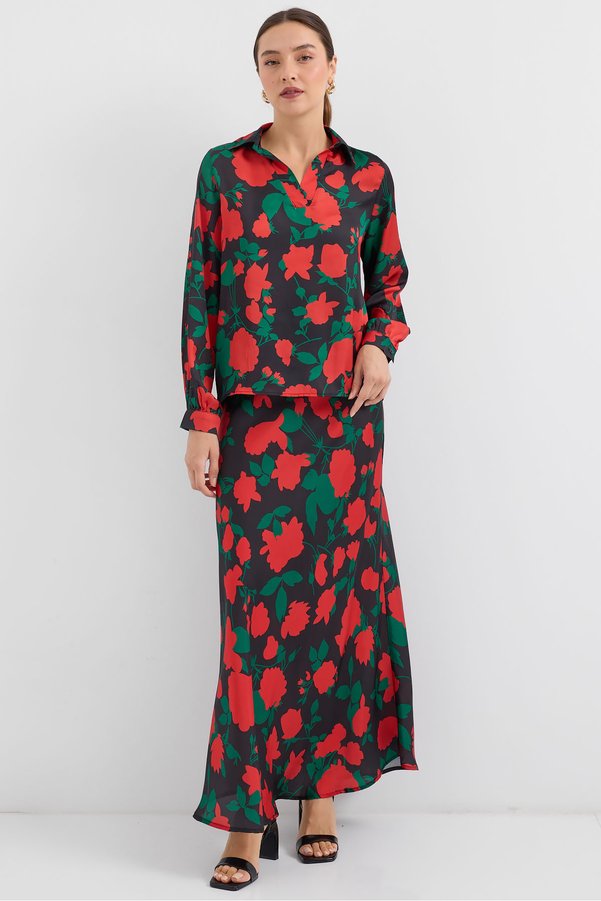 Bigdart Women's Black Red Patterned Satin Double Suit 8018