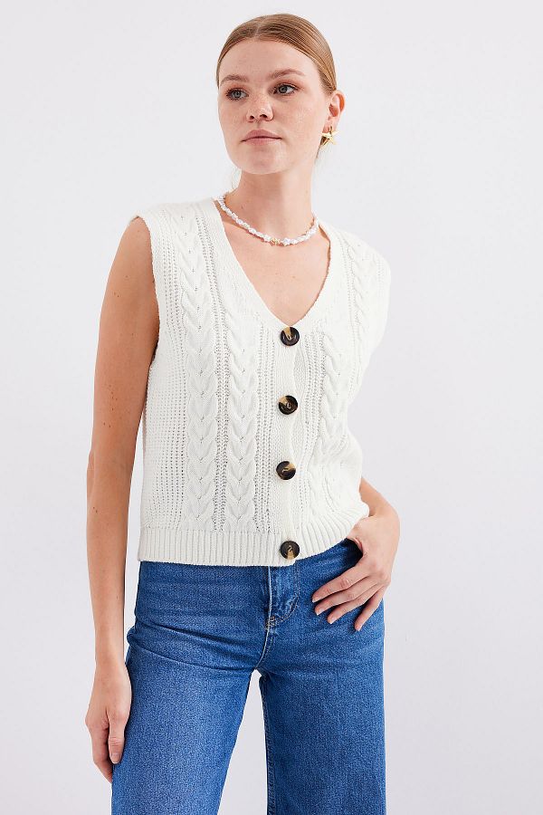 Bigdart-15882 Model White Short Knitwear Vest - Buttoned 1