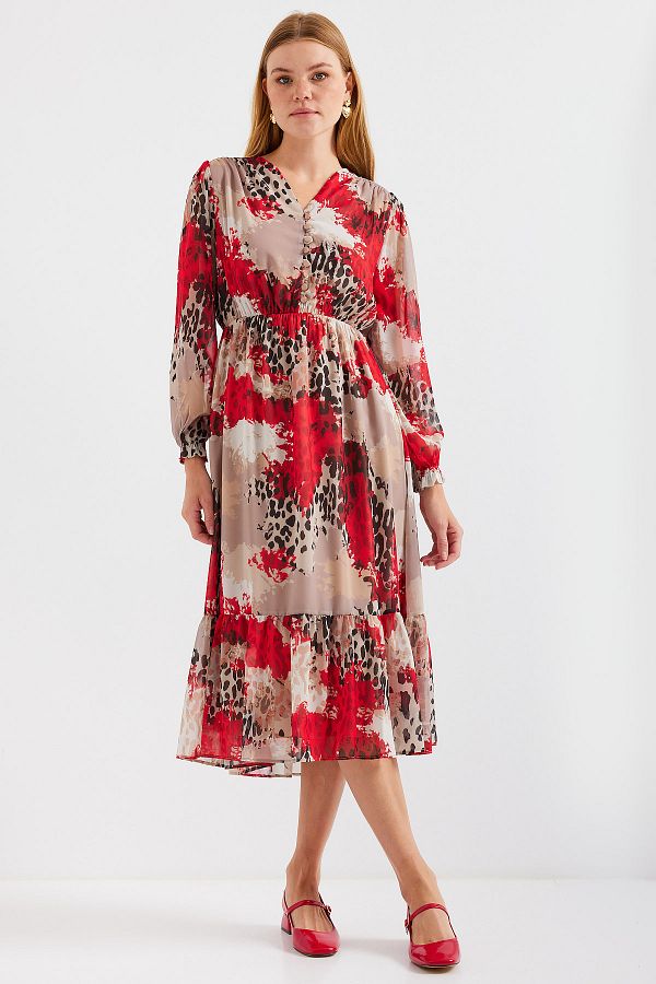Bigdart-2137 Model Patterned Chiffon Dress - Red 1
