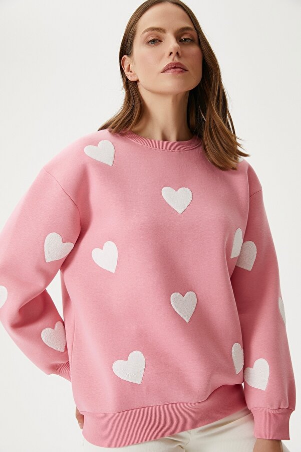 Ritnice Women's Love Heart Embroidered Pink Sweatshirt- Trendyol
