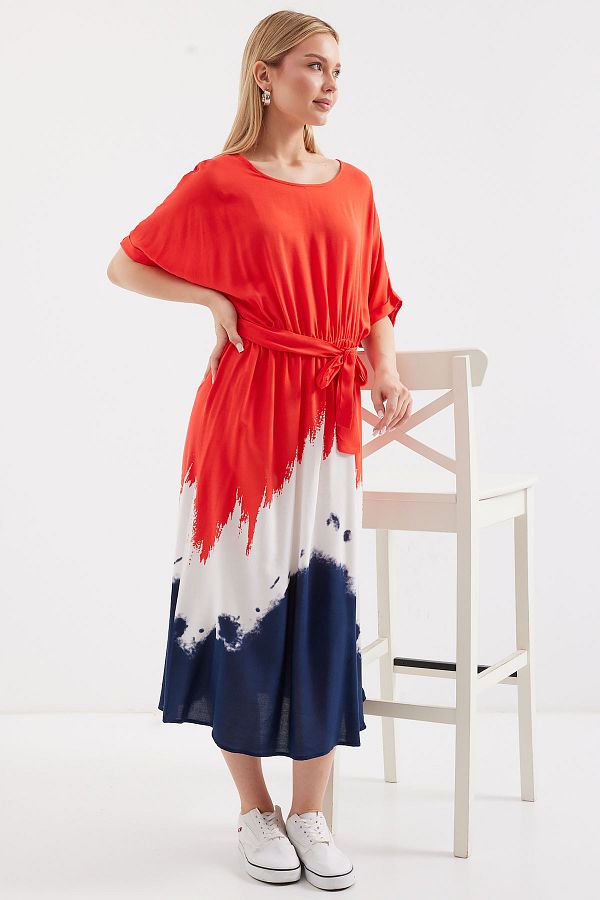 Bigdart-2504 Model Red Patterned Viscose Short Sleeve Dress 1