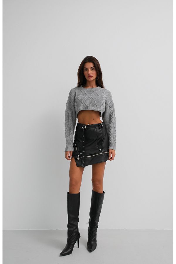 Black Fashion Black Asymmetrical Belted Leather Skirt Trendyol