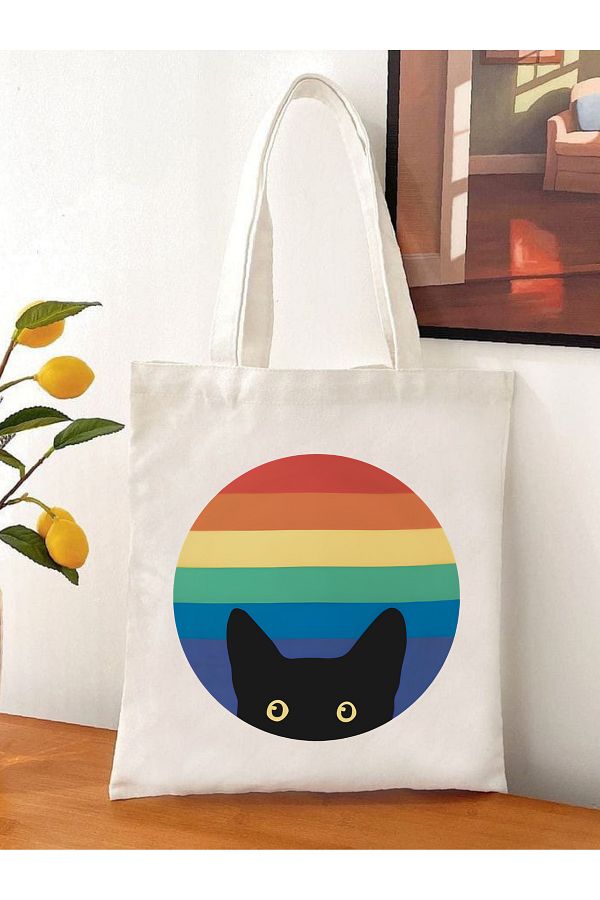 Cemira-Rainbow Cat Tote Bag - Cat In Rainbow 1