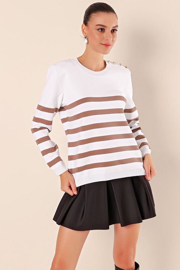 Bigdart-15820 Gestreifter Pullover mit Knopfdetail - C. Mink 1