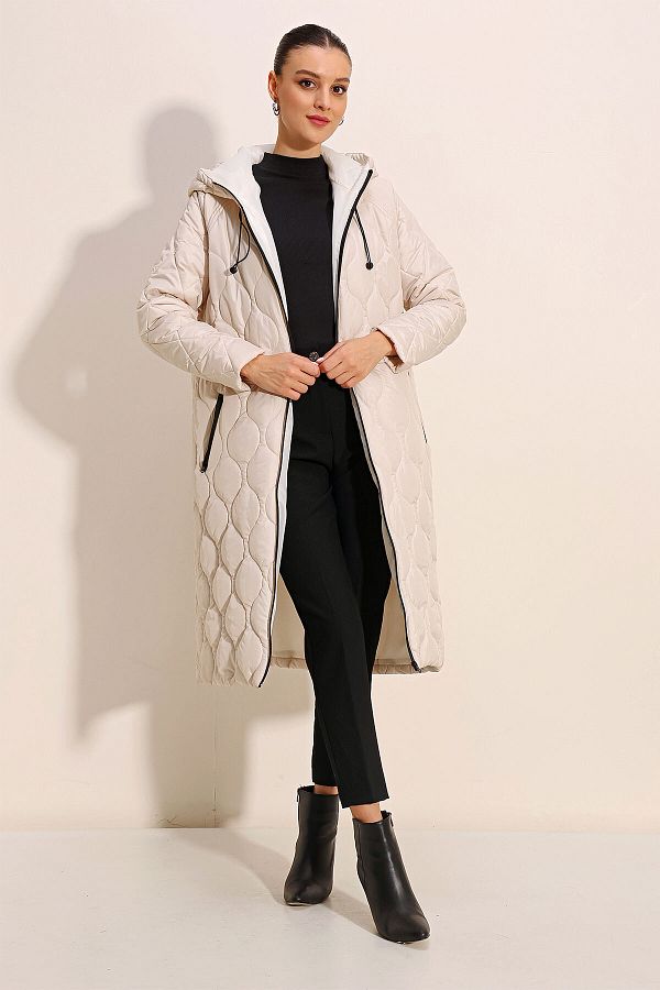 Bigdart-5177 Long Quilted Hooded Coat - Ecru 1