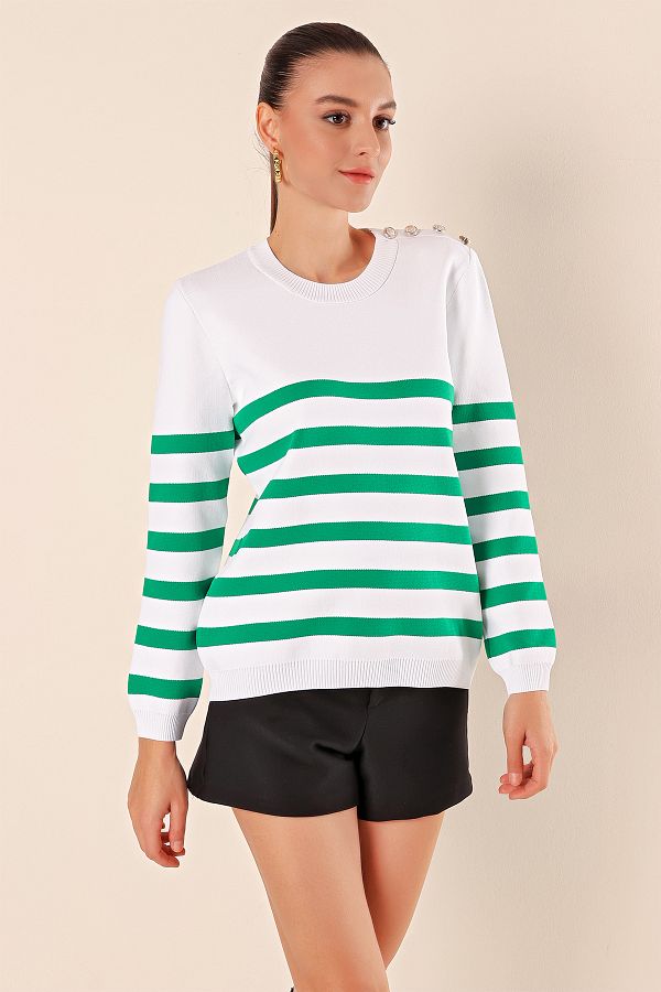 Bigdart-15820 Button Detailed Striped Sweater - C.Green 1