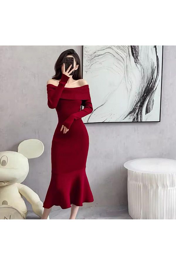 Styling Park Off Shoulder Long Sleeve Skirt Flounce Midi Dress Trendyol