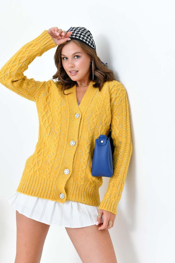 FTZ WOMEN Mustard Women s Cardigan Glitter Detailed Model 20589 Trendyol