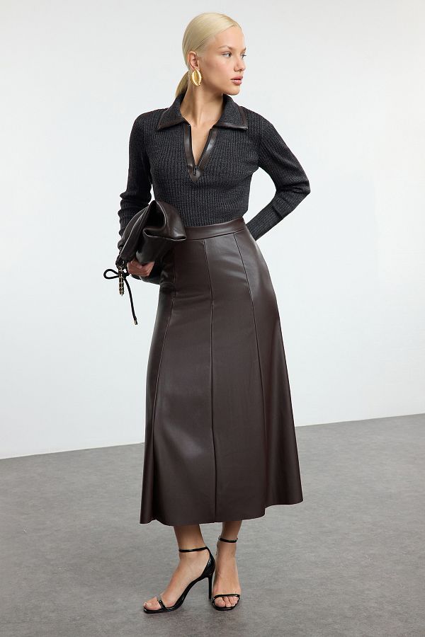 Trendyol Collection-Fusta maxi din piele artificială maro închis cu talie înaltă - TWOAW24ET00151 1