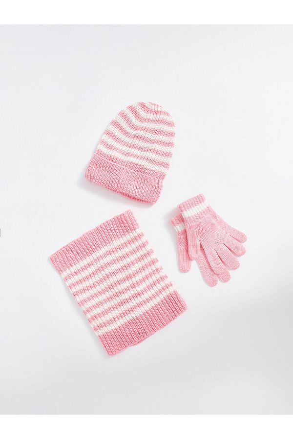 LC Waikiki-Lcwk Stripe Patterned Girl's Scarf Beanie and Gloves 1