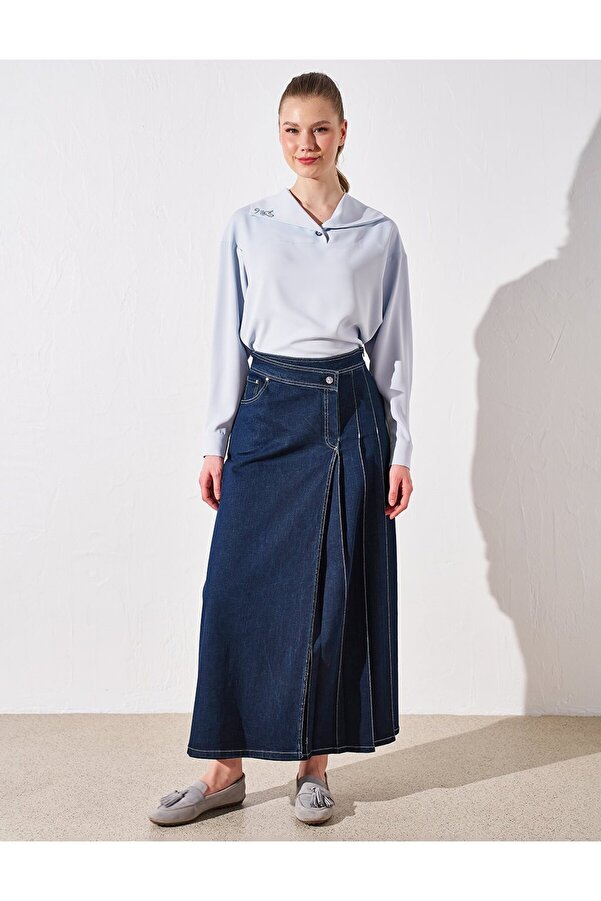 Kayra Cross Buttoned Pleated Denim Skirt Navy Blue- Trendyol