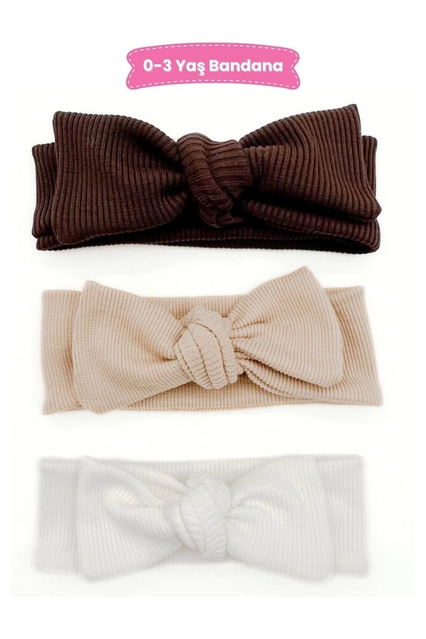 LOGO AKSESUAR 0-3 Yaş Kız Bebek Bandana 3'lü Set (KAHVERENGİ-BEJ-BEYAZ)
