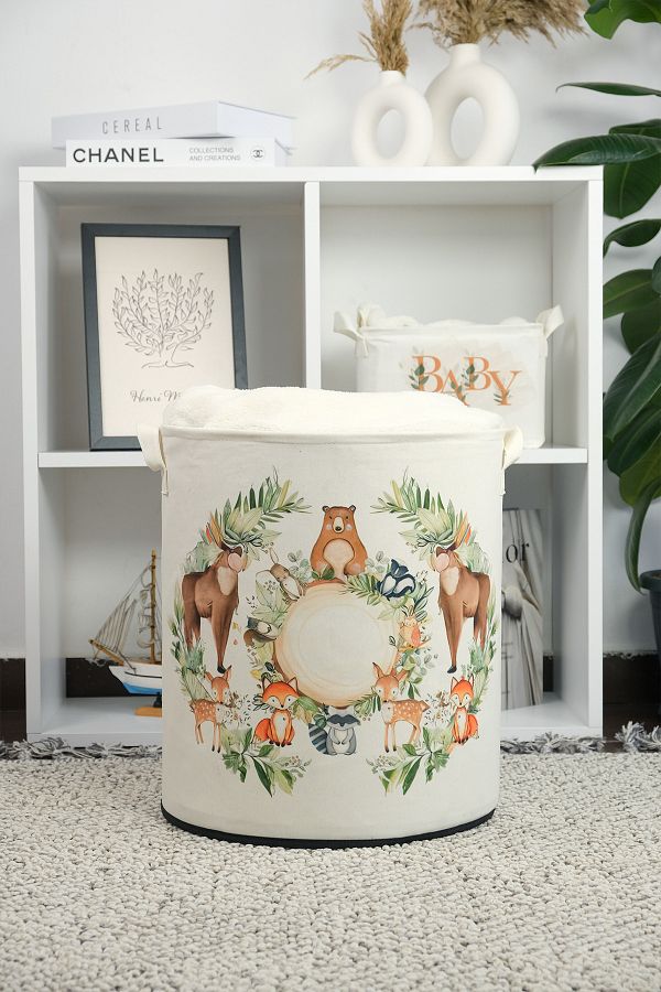 PRENDİ HOME-Zoo Printed Multi-Purpose Toy Storage Box Dirty Laundry Basket Basket Folding Organizer Basket 37x40 1
