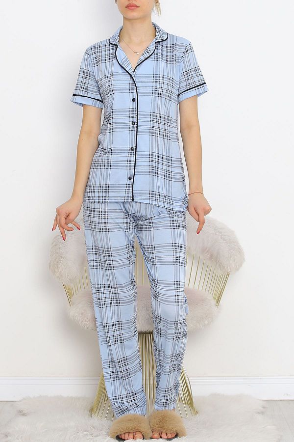 M M Giyim Store Arabiyeli Polyviscose Short Sleeve Pajama Set Blue BlacK 927.1287 Trendyol