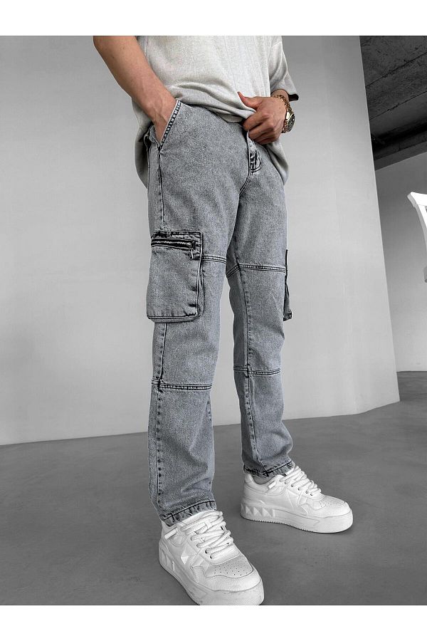ablukaonline-Graue, gewaschene Baggy-Fit-Jeans-Cargohose für Herren 1