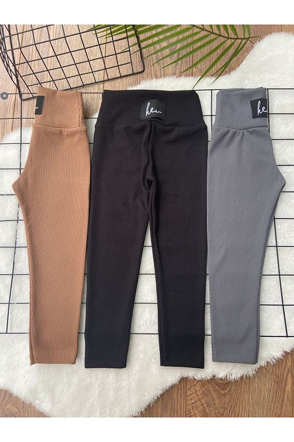 tunays shopping-Winter Raised Crest Detailed Plain Ribbed Children's Leggings 3-Piece Set 1