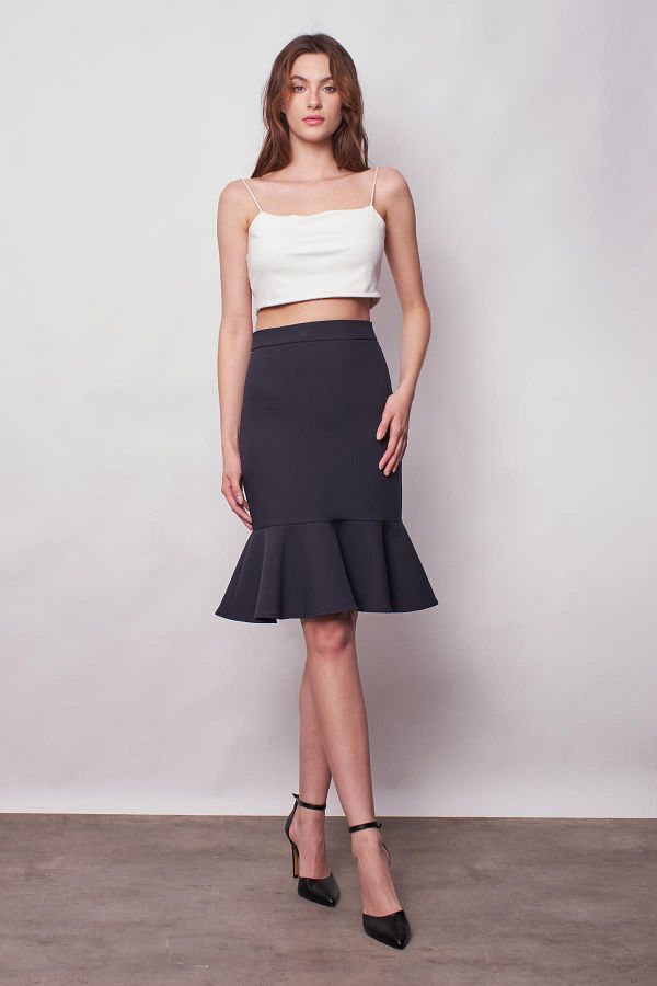 Jument High Waist Skirt Flounced Lightweight Lycra Stylish Fabric Office Below the Knee Pencil Skirt Navy Blue Trendyol