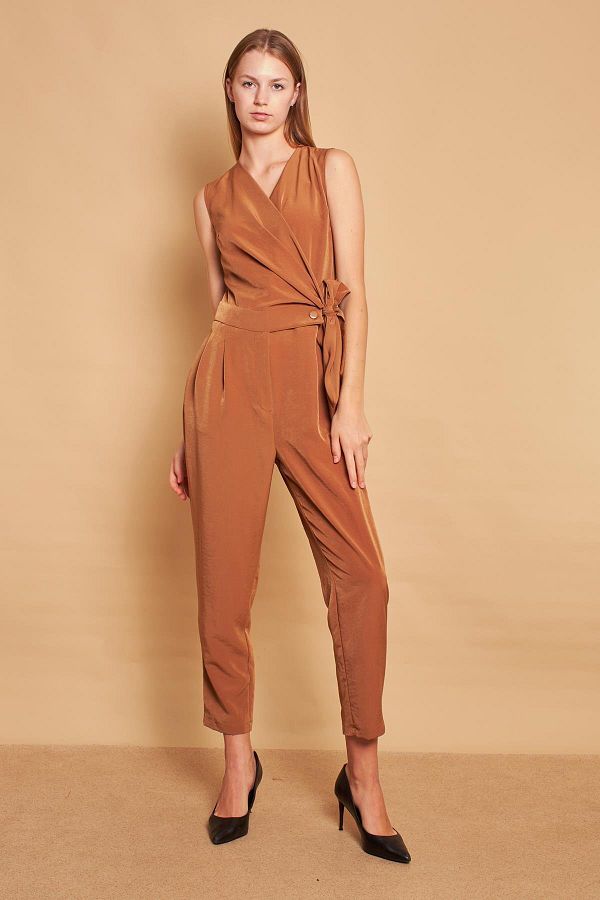 Jument Wrapped Double Breasted Lace Up Pocket Front Pleated Skinny Leg Jumpsuit tan Trendyol
