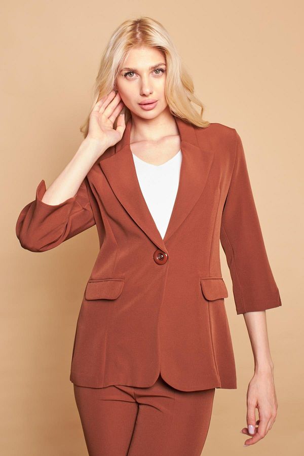 Jument Collared Single Button Capri Sleeve Slit Sleeve Light Lycra Fabric Blazer Office Jacket Dark Tan Trendyol
