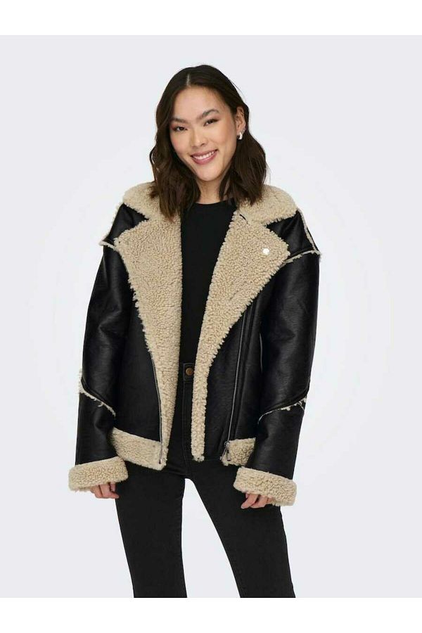 Only Onlwilma Black Faux Leather Sherpa Jacket Cc Otw Coat 15293010 Black Trendyol