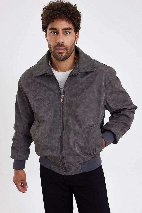 MADZEYMODA-New Season Ανδρικό πλυμένο γκρι δερμάτινο παλτό LNS58529Y 1