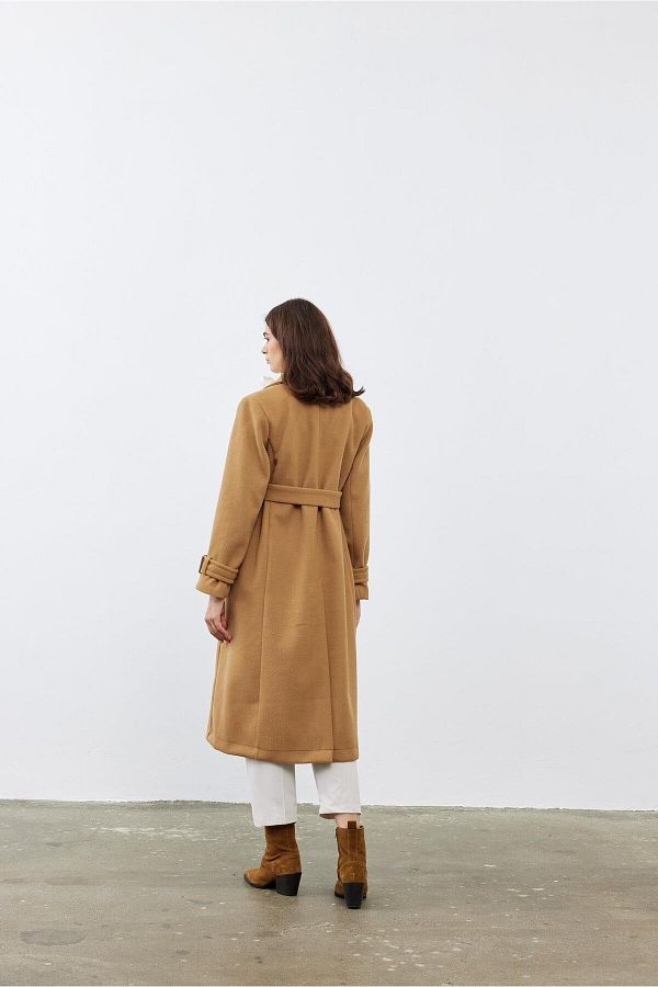 Fahhar Stamped Women s Coat Camel Hair Camel Color Trendyol