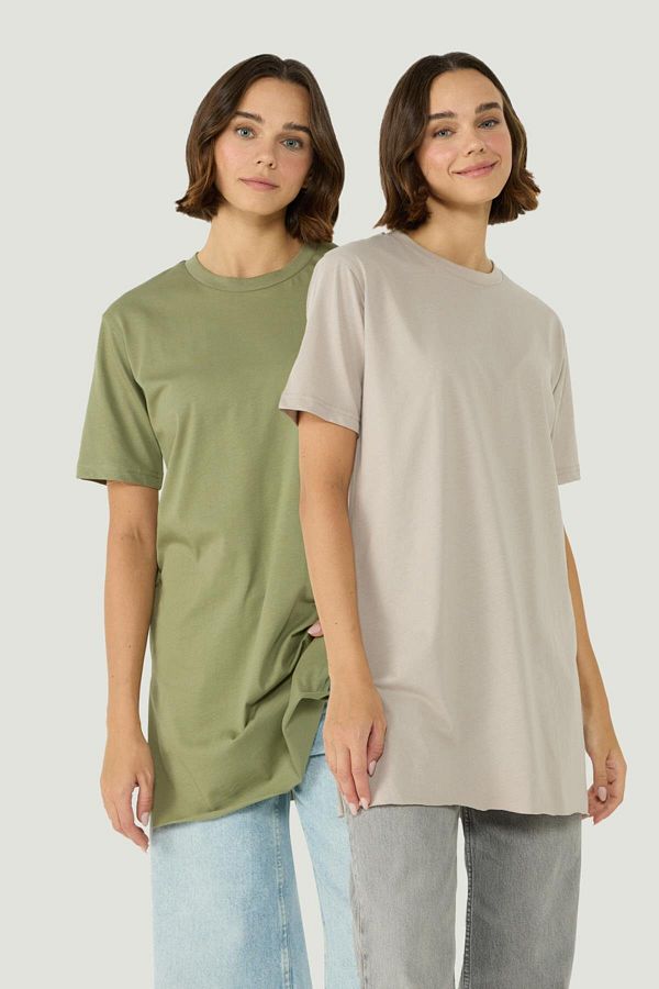 C&City-2-teiliges langes T-Shirt mit Rundhalsausschnitt – halbe Ärmel und Schlitz, Khaki/Grau 963 1