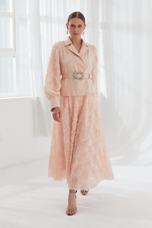 YAFA CLOTHING & ACCESSORIES-Salmon Colored Motif Sleeves Set Jacket and Skirt 1