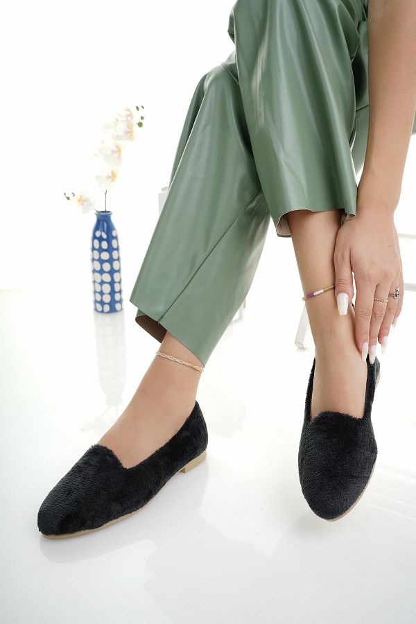 Modaf rsat Women s Black Wool Winter Ballerina Shoes for Home and Outdoor Trendyol