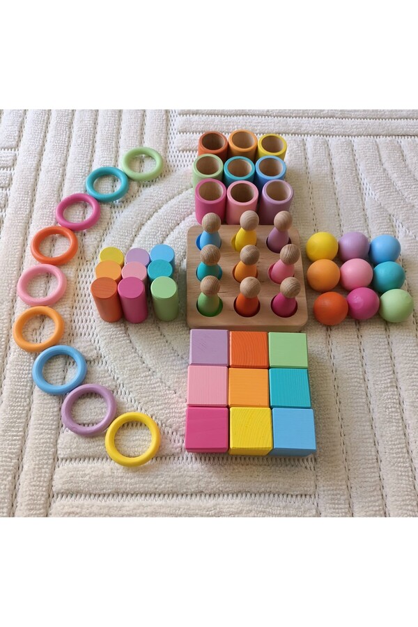 Moccotoys Montessori Eşleştirme Tablalı Silindir Halka Peg Bebek Kase Küp Seti - 9 Renk