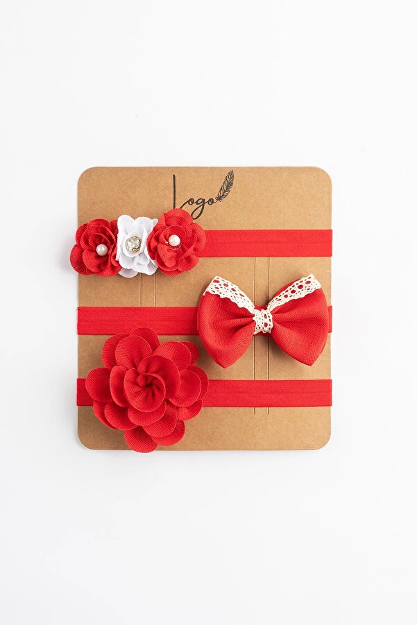 LOGO AKSESUAR Kırmızı Bebek Bandana Seti 0-24 Ay 3'lü Organik Dantel İşlemeli İncili Gül Tasarım