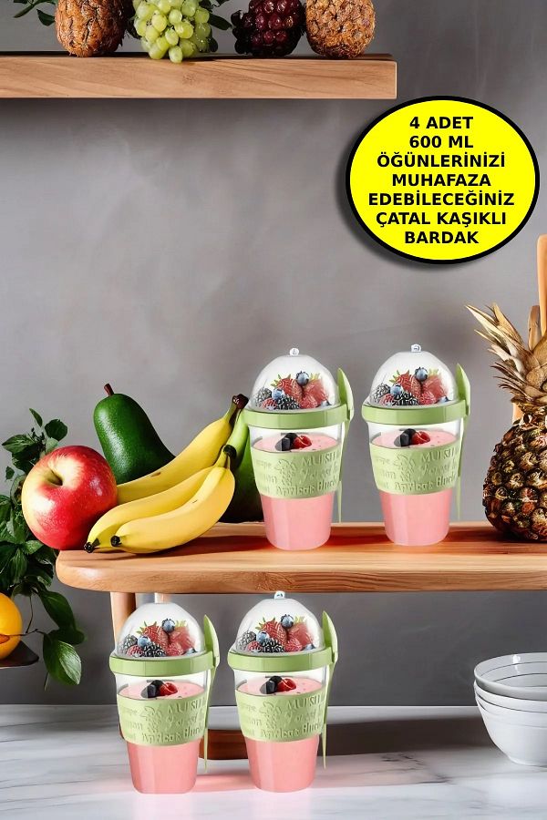 Open Home Concept-600 ml Capacity - 4 Pcs Fruit, Yogurt Muesli Salad Storage Container with Fork and Spoon 1