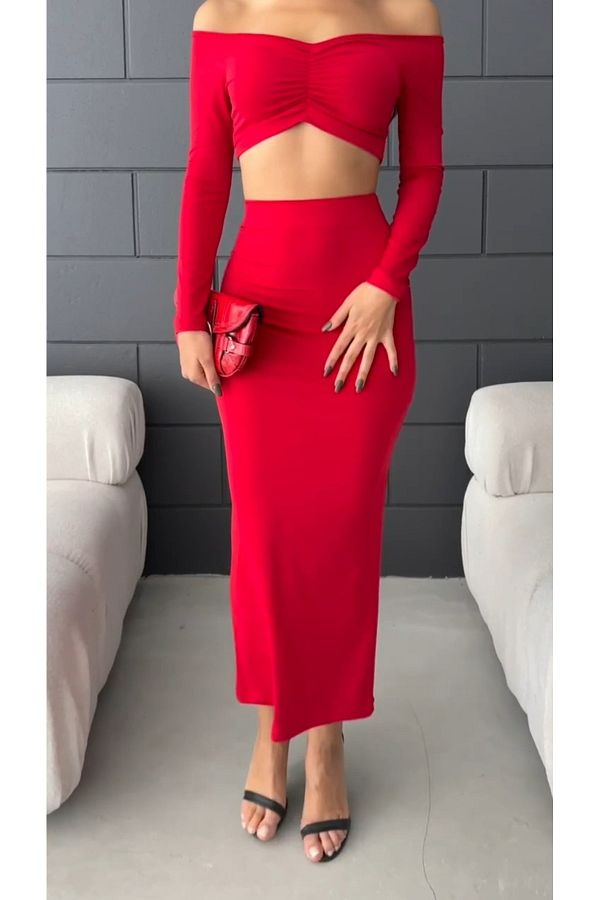Fav Style Red Women s Crop Blouse and Long Skirt Set Boat Neck Long Sleeve Drawstring Trendyol