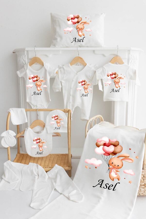 Bebe wini %100 Pamuk Baskılı 11’li İsimli Hastane Çıkışı MN42-UÇAN TAVŞAN ELİNDE BALON