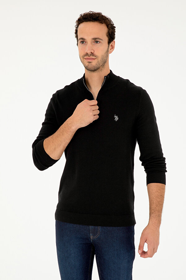 Polo Men's Slim Fit Half Zip Black Basic Sweater