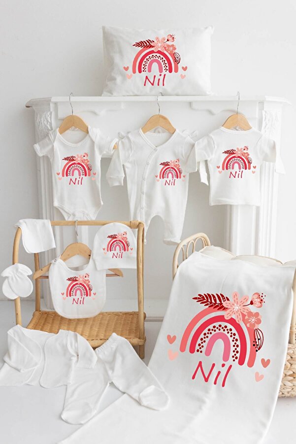 Bebe wini %100 Pamuk Baskılı 11’li İsimli Hastane Çıkışı MN49-GÖKKUŞAĞI PEMBE ÇİÇEKLİ